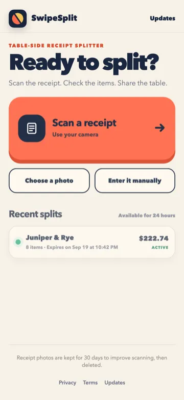 SwipeSplit's scan screen, ready to photograph a restaurant receipt